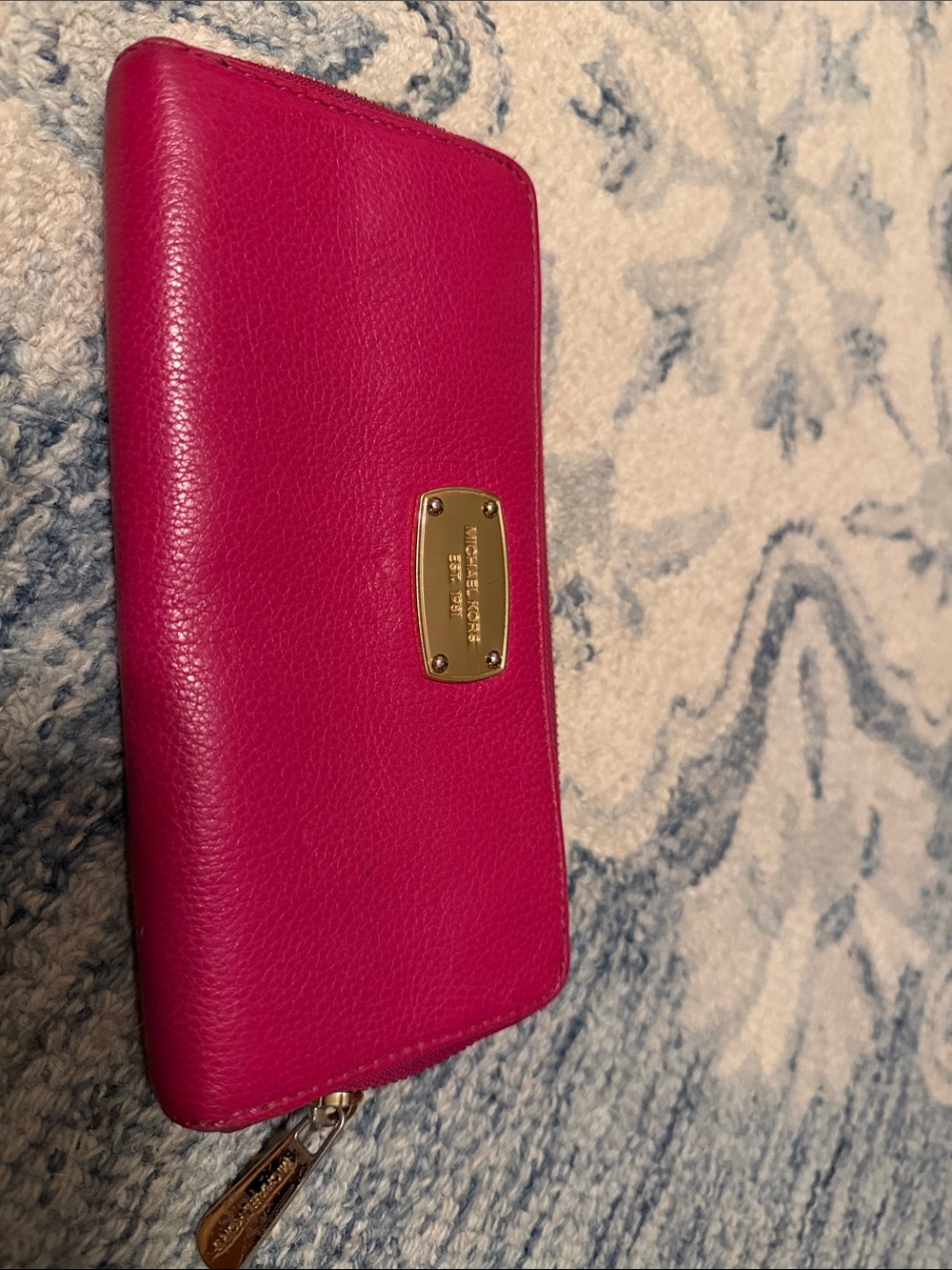 Michael Kors Fuchsia Pebbled Leather Zip Wallet with Gold Plaque